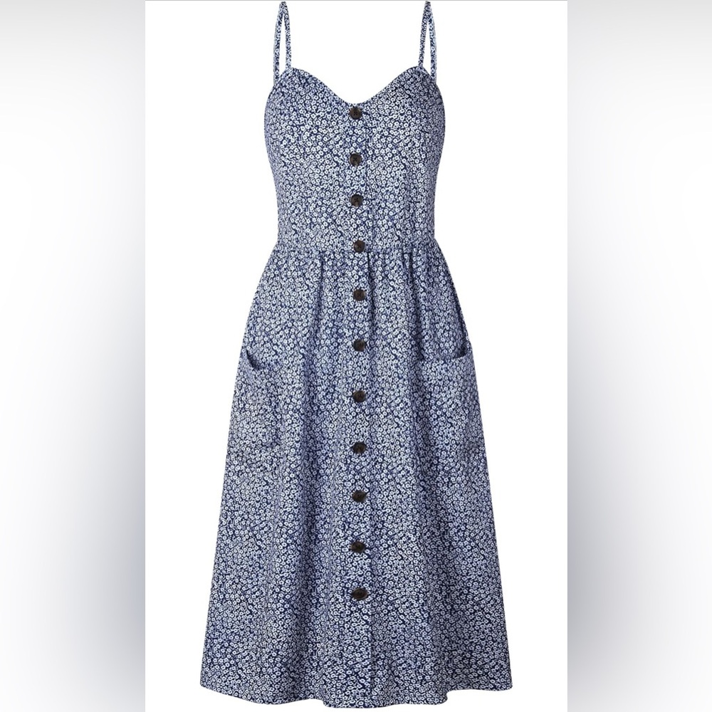 ANGASHION | Navy Blue and White Floral Spaghetti Buttoned Midi Sundress - Picture 4 of 11